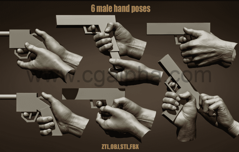 模型资产 – 6 种运动员射击手部姿势模型 6 Shooting male hand poses