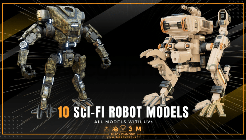 模型资产 – 10 个科幻机器人模型 10 SCI-FI ROBOT MODELS