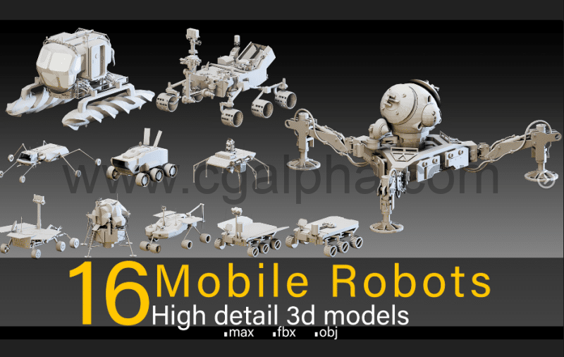模型资产 – 16 个高细节机器人 3d 模型 16 Mobile Robots- High detail 3d models
