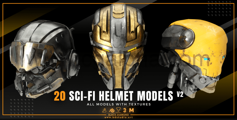 模型资产 – 20 个带有纹理的科幻头盔模型 20 Sci Fi Helmet Models With Textures V2