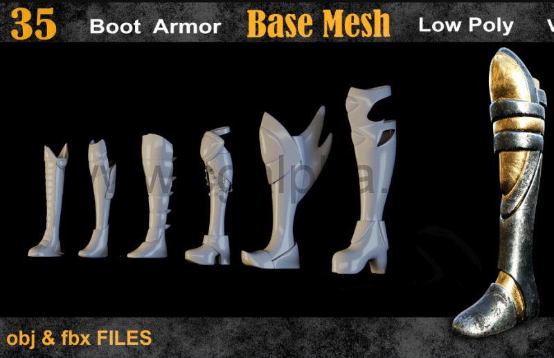 模型资产 – 35 种盔甲靴子模型资产 35 Boot Armor Base Mesh vol 14