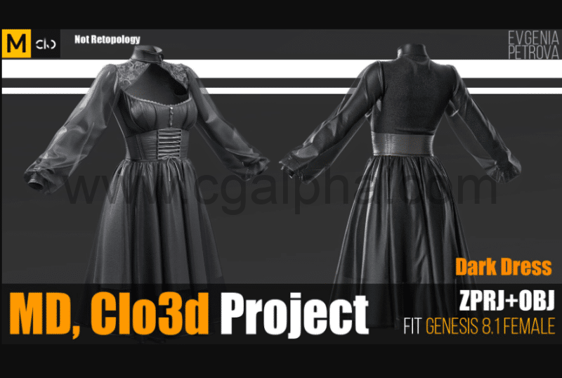 模型资产 – 深色连衣裙 Dark Dress. Marvelous Designer Clo3d Project + OBJ